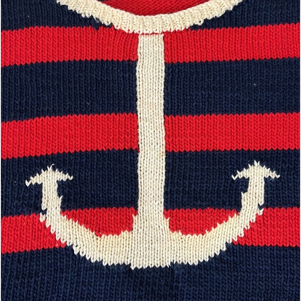 Hand-knit nautical striped anchor fishermen tank sweater navy blue red cropped - Picture 3 of 4